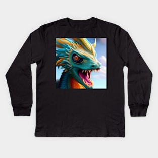 Ferocious Cyan and Gold Baby Dragon Kids Long Sleeve T-Shirt